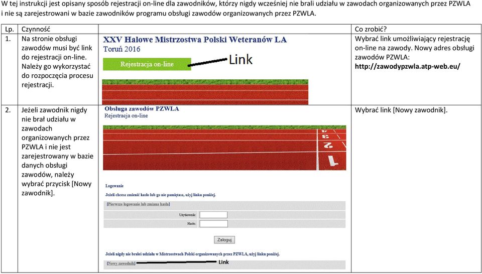 Należy go wykorzystać do rozpoczęcia procesu rejestracji. Wybrać link umożliwiający rejestrację on-line na zawody. Nowy adres obsługi zawodów PZWLA: http://zawodypzwla.atp-web.eu/ 2.