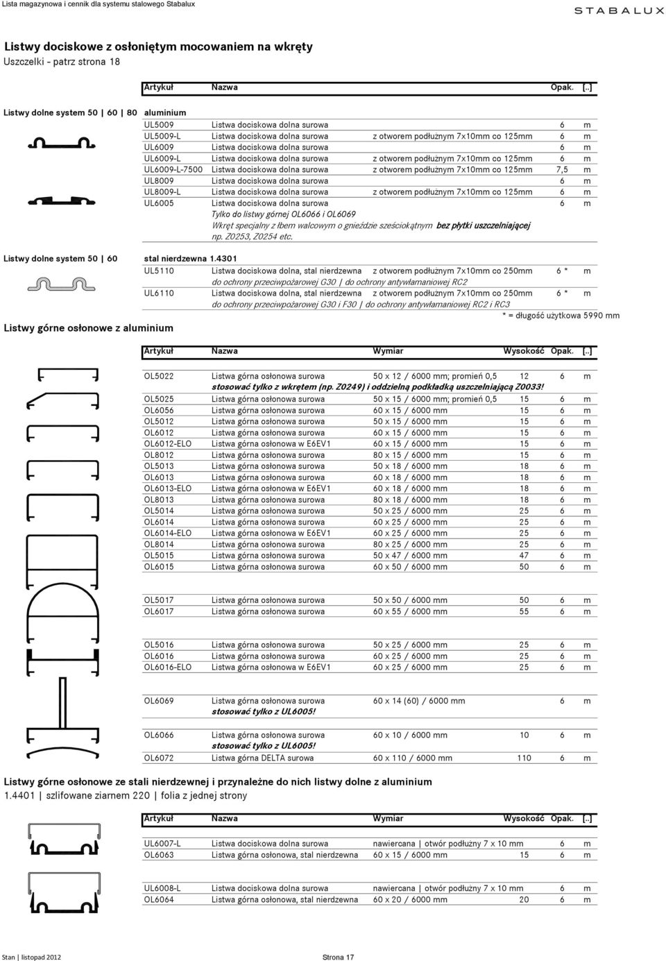 surowa z otworem podłużnym 7x10mm co 125mm 7,5 m UL8009 Listwa dociskowa dolna surowa 6 m UL8009-L Listwa dociskowa dolna surowa z otworem podłużnym 7x10mm co 125mm 6 m UL6005 Listwa dociskowa dolna