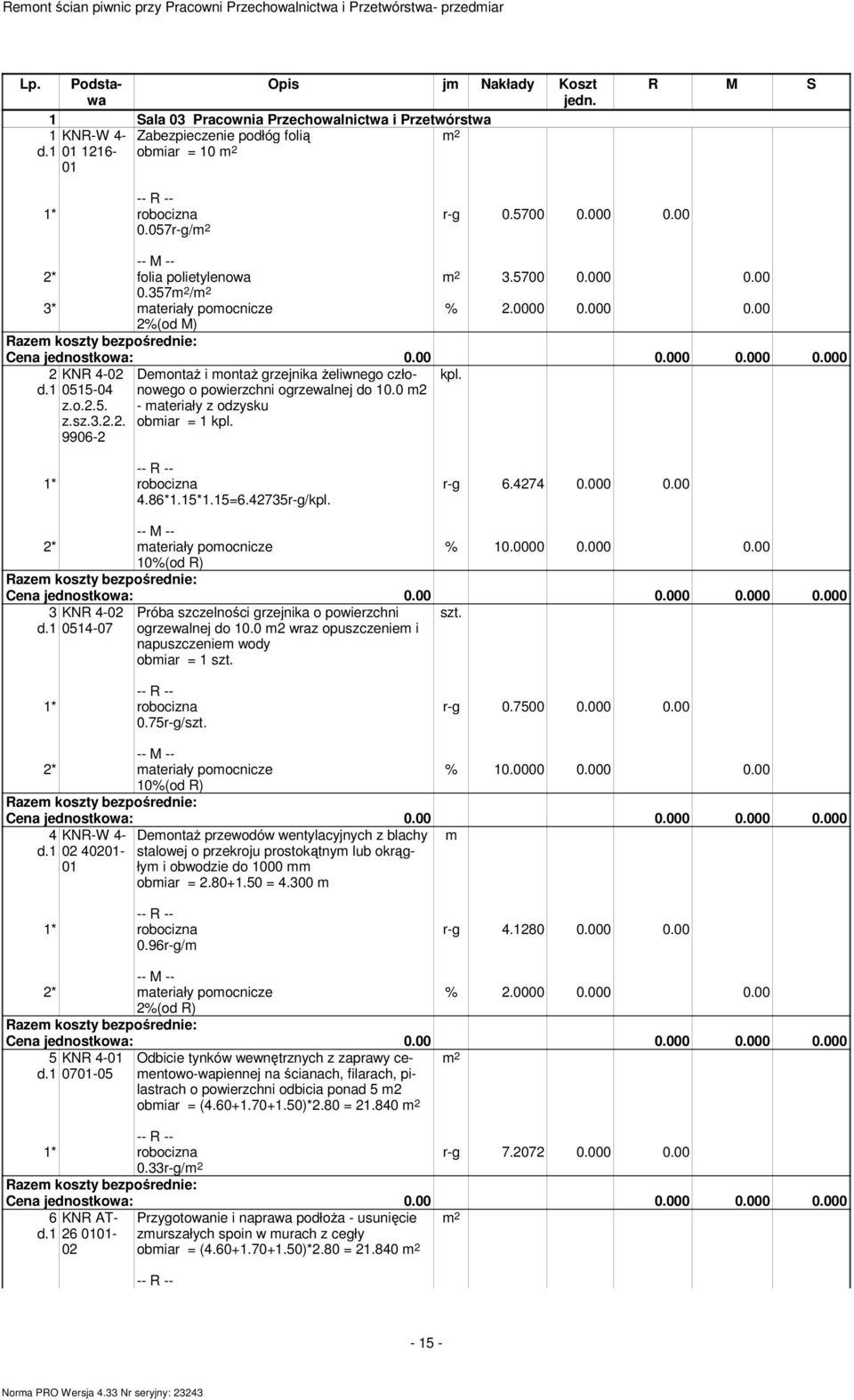 0 m2 - materiały z odzysku obmiar = 1 kpl. 4.86*1.15*1.15=6.42735r-g/kpl. r-g 6.4274 0.000 0.00 2* materiały pomocnicze 10%(od R) % 10.0000 0.000 0.00 3 KNR 4-02 szt. d.