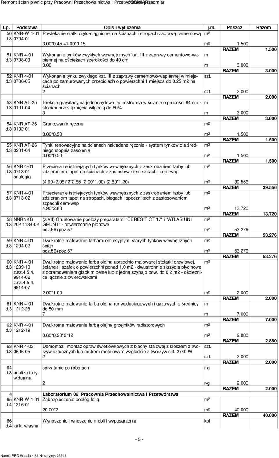 3 202 1134-02 59 d.3 1204-02 60 d.3 1209-10 9914-02 9914-07 61 d.3 1212-28 62 d.3 1212-19 63 KNR 4-03 d.3 0606-05 64 d.3 analiza indywidualna RAZEM 1.500 Wykonanie tynków zwykłych wewnętrznych kat.