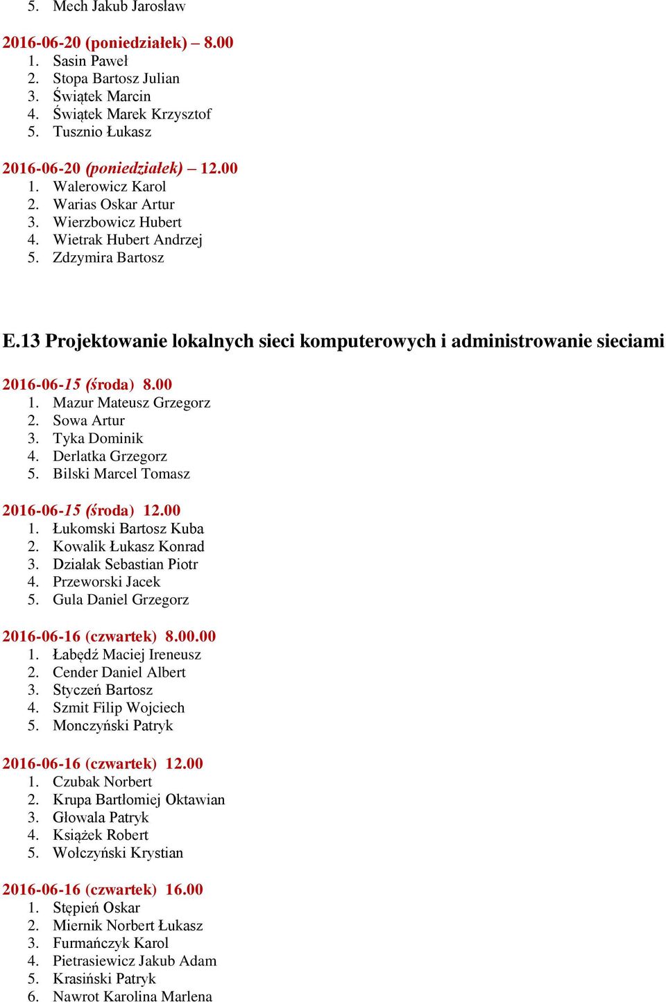 Mazur Mateusz Grzegorz 2. Sowa Artur 3. Tyka Dominik 4. Derlatka Grzegorz 5. Bilski Marcel Tomasz 2016-06-15 (środa) 12.00 1. Łukomski Bartosz Kuba 2. Kowalik Łukasz Konrad 3.