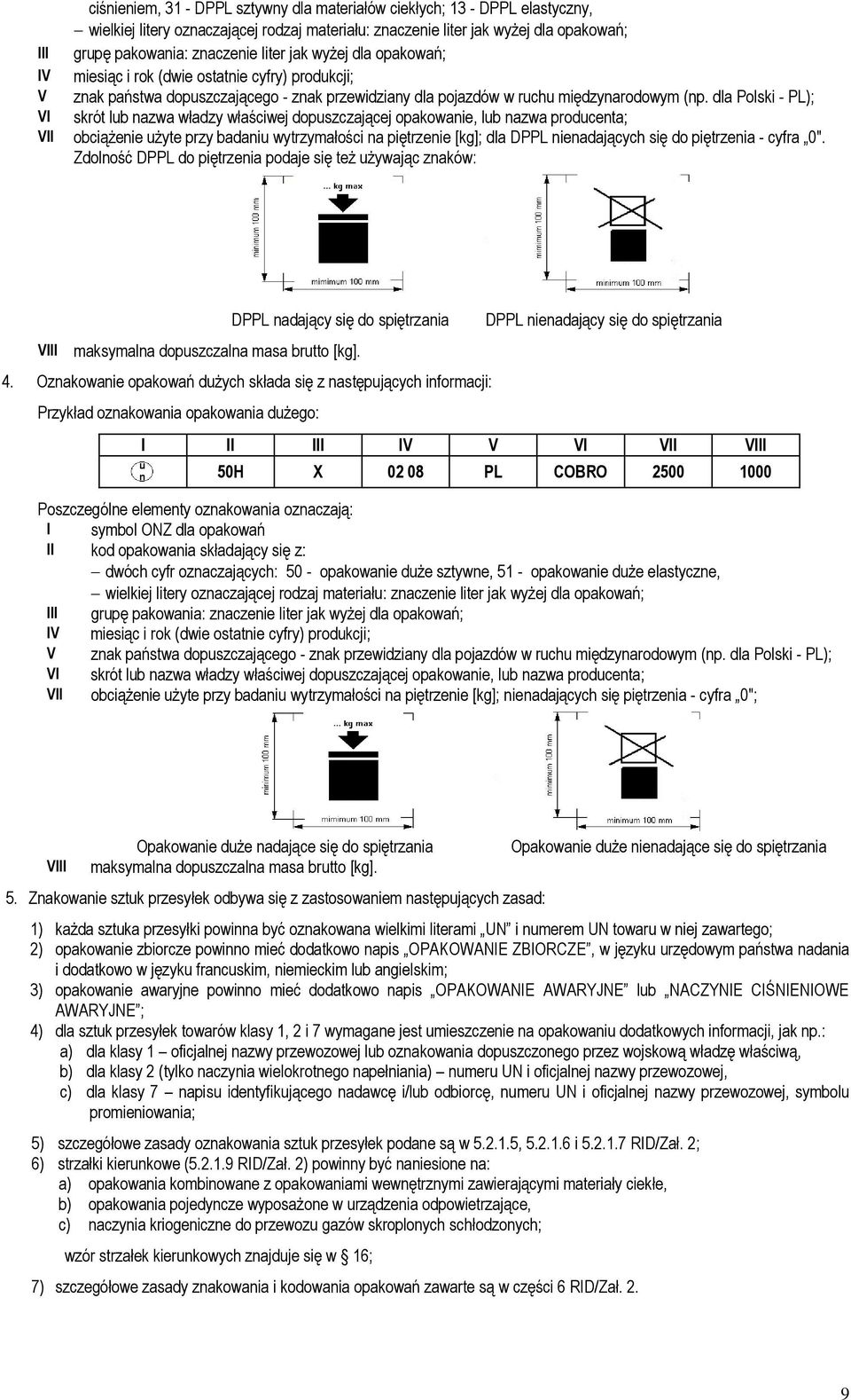 dla Polski - PL); VI skrót lub nazwa władzy właściwej dopuszczającej opakowanie, lub nazwa producenta; VII obciążenie użyte przy badaniu wytrzymałości na piętrzenie [kg]; dla DPPL nienadających się