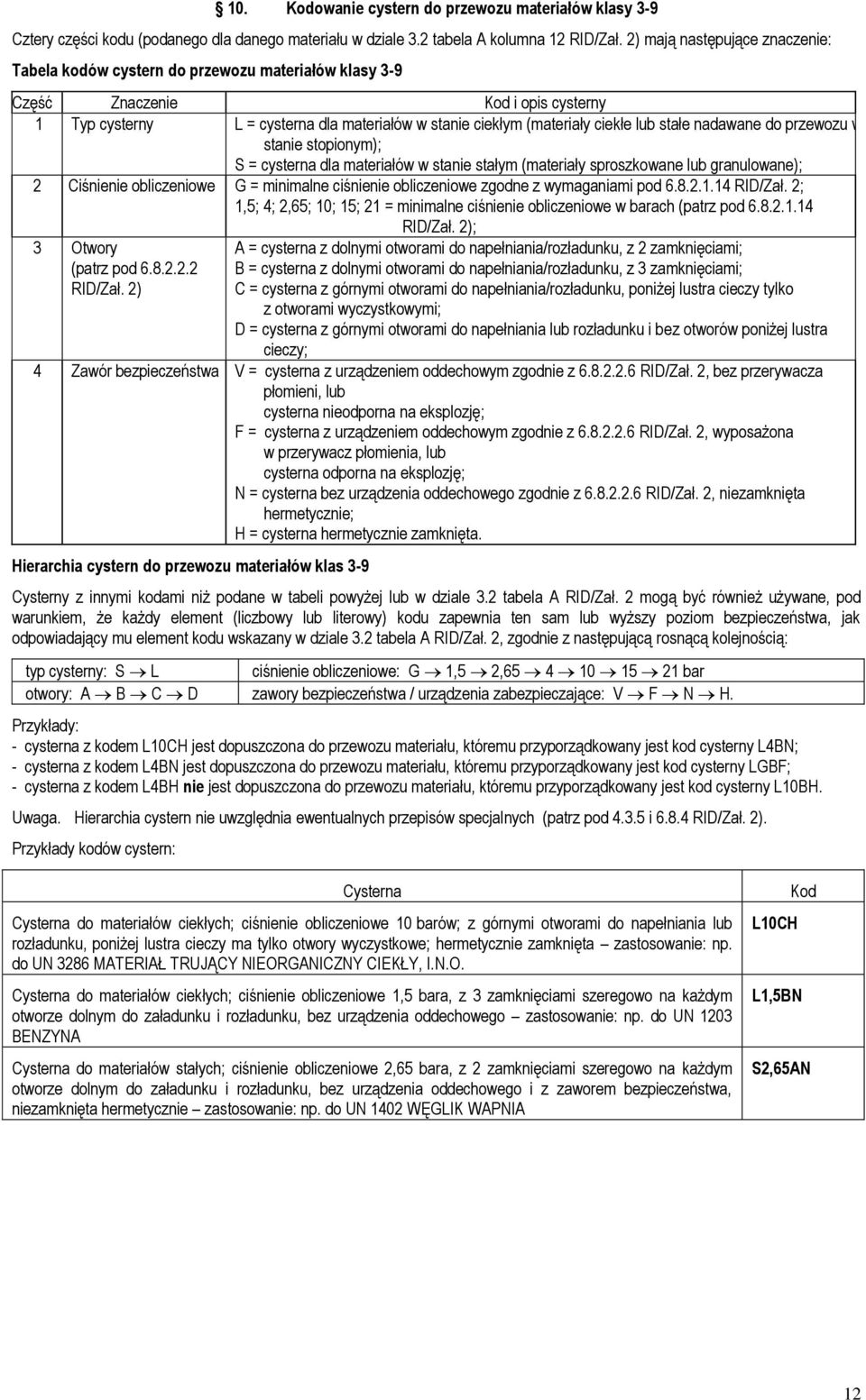 lub stałe nadawane do przewozu w stanie stopionym); S = cysterna dla materiałów w stanie stałym (materiały sproszkowane lub granulowane); 2 Ciśnienie obliczeniowe G = minimalne ciśnienie obliczeniowe