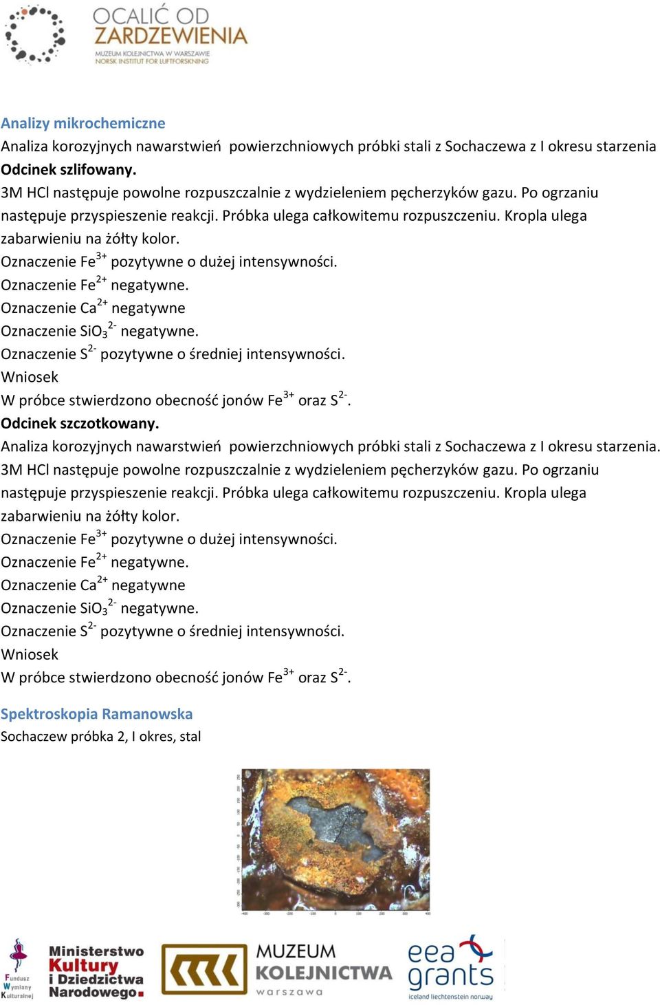 Oznaczenie Fe 3+ pozytywne o dużej intensywności. Oznaczenie Fe 2+ negatywne. Oznaczenie Ca 2+ negatywne Oznaczenie SiO 3 2- negatywne. Oznaczenie S 2- pozytywne o średniej intensywności.