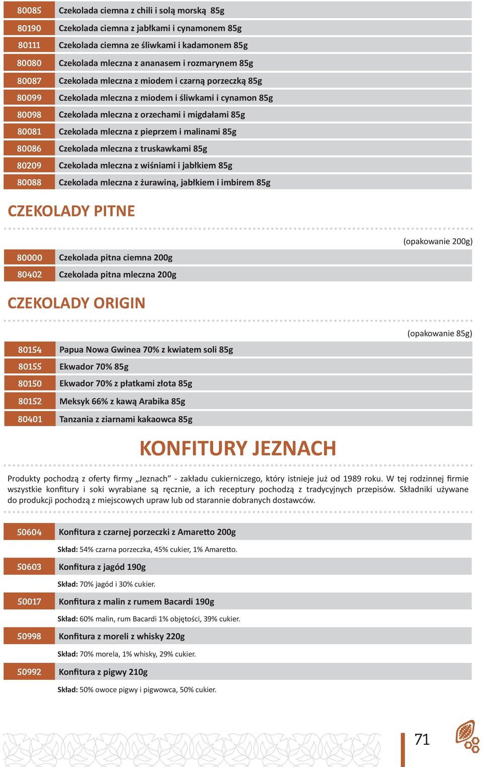 pieprzem i malinami 85g 80086 Czekolada mleczna z truskawkami 85g 80209 Czekolada mleczna z wiśniami i jabłkiem 85g 80088 Czekolada mleczna z żurawiną, jabłkiem i imbirem 85g CZEKOLADY PITNE 80000