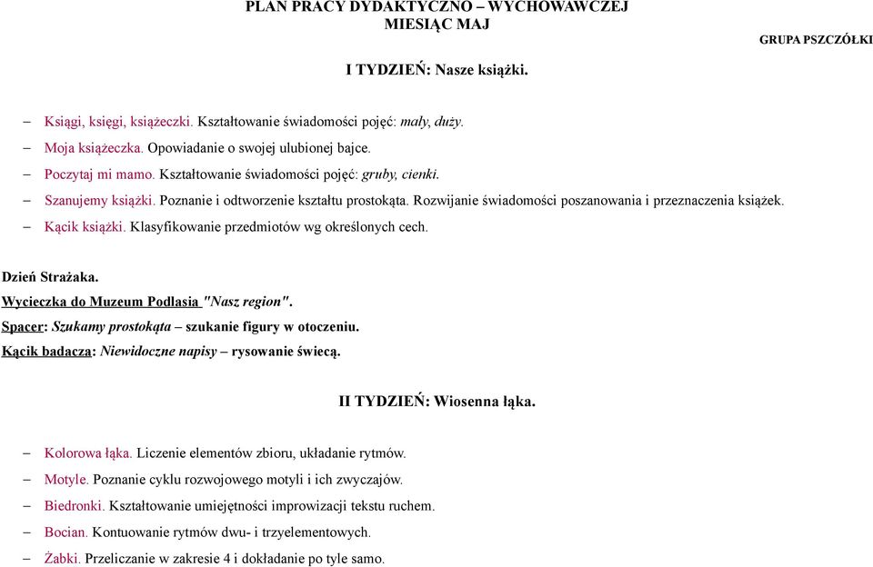 Rozwijanie świadomości poszanowania i przeznaczenia książek. Kącik książki. Klasyfikowanie przedmiotów wg określonych cech. Dzień Strażaka. Wycieczka do Muzeum Podlasia "Nasz region".