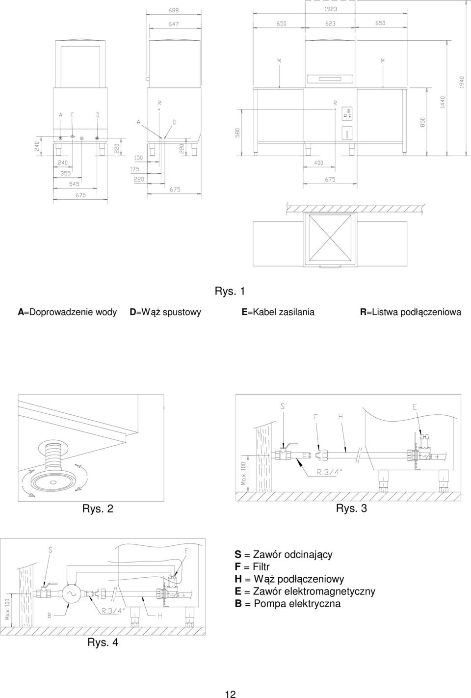 3 S = Zawór odcinający F = Filtr H = Wąż