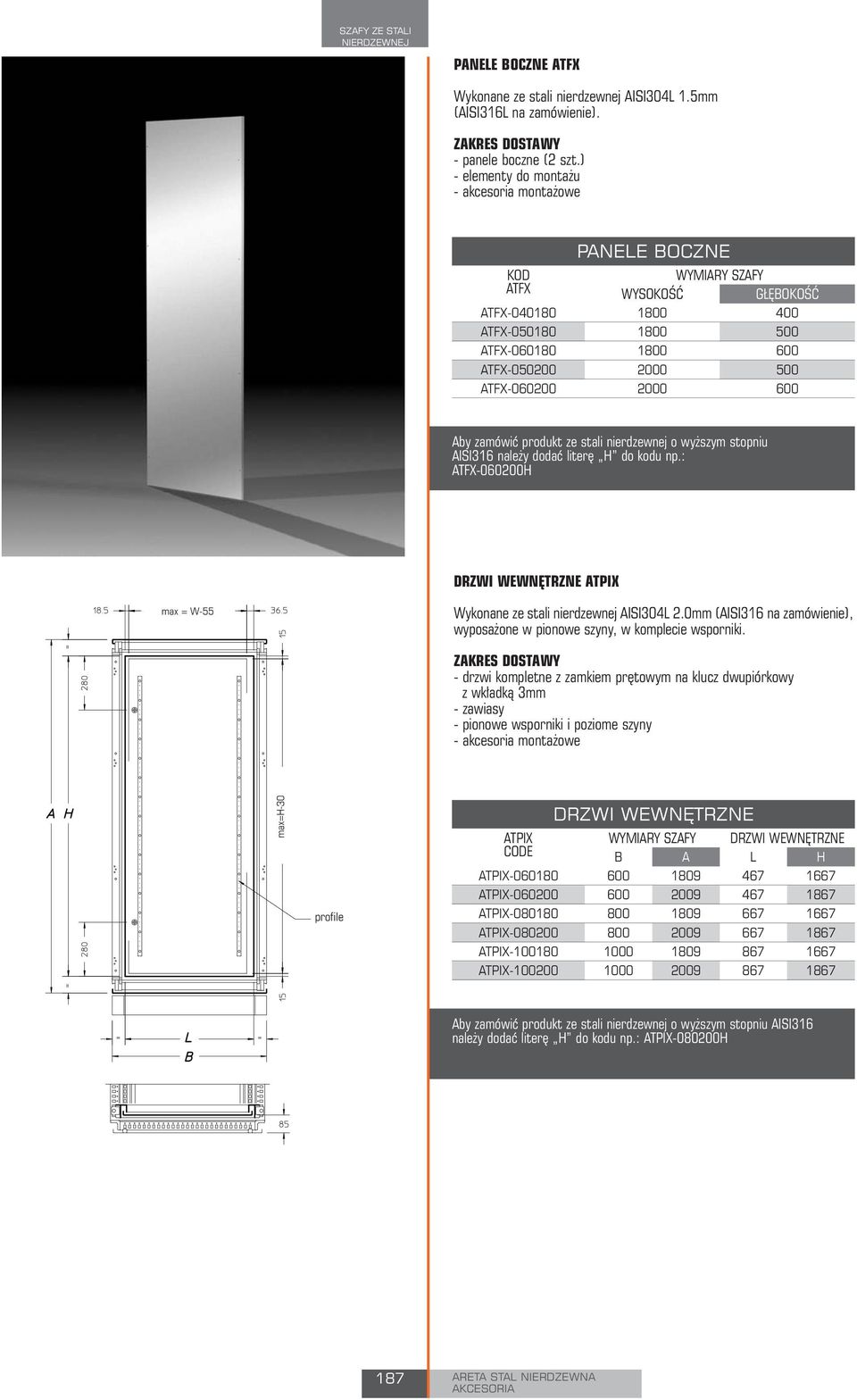 600 Aby zamówić produkt ze stali nierdzewnej o wyższym stopniu AISI316 należy dodać literę H do kodu np.: ATFX-060200H DRZWI WEWNĘTRZNE ATPIX max = W-55 Wykonane ze stali nierdzewnej AISI304L 2.