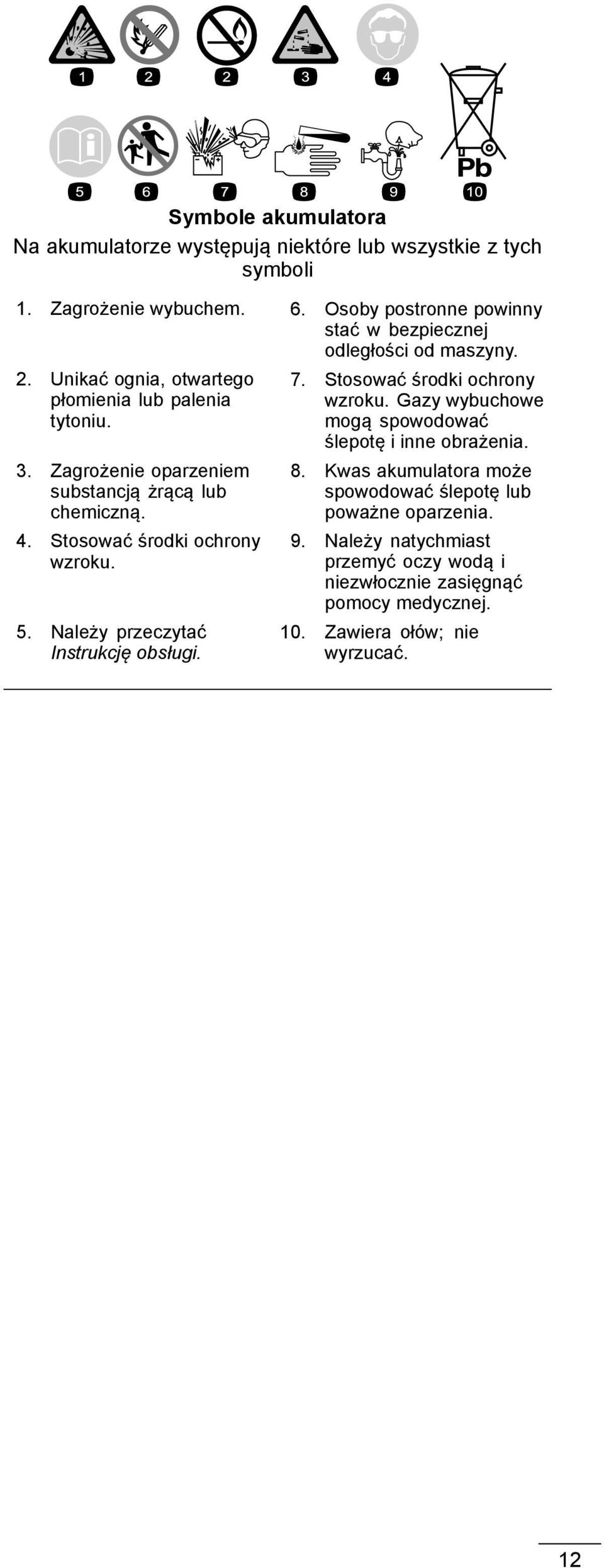 Zagrożenie oparzeniem substancją żrącą lub chemiczną. 4. Stosować środki ochrony wzroku. 5. Należy przeczytać Instrukcję obsługi. 7.
