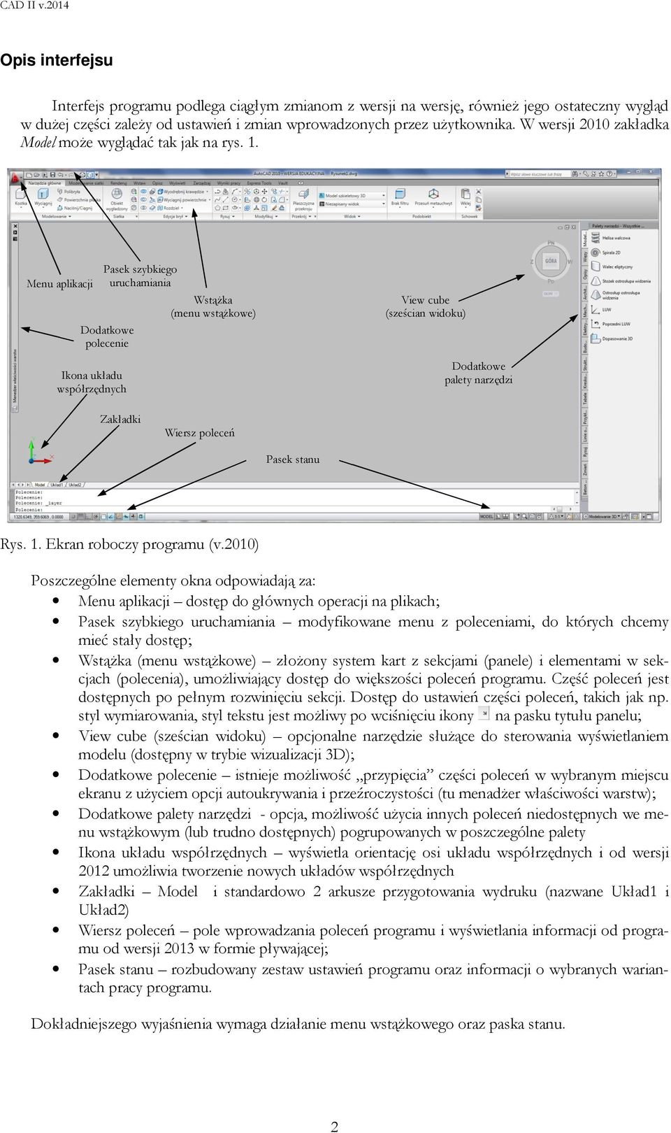 Pasek szybkiego Menu aplikacji uruchamiania Wstążka (menu wstążkowe) Dodatkowe polecenie Ikona układu współrzędnych View cube (sześcian widoku) Dodatkowe palety narzędzi Zakładki Wiersz poleceń Pasek