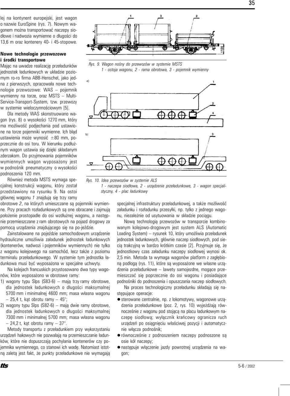 technologie przewozowe: WAS pojemnik wymienny na torze, oraz MSTS Multi- Service-Transport-System, tzw. przewozy w systemie wieloczynnoœciowym [5]. Dla metody WAS skonstruowano wagon (rys.
