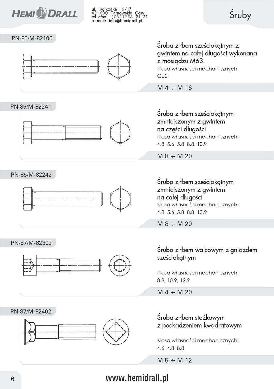 8, 10,9 M 8 M 20 PN-85/M-82242 zmniejszonym z gwintem na całej długości 4.8, 5.6, 5.8, 8.