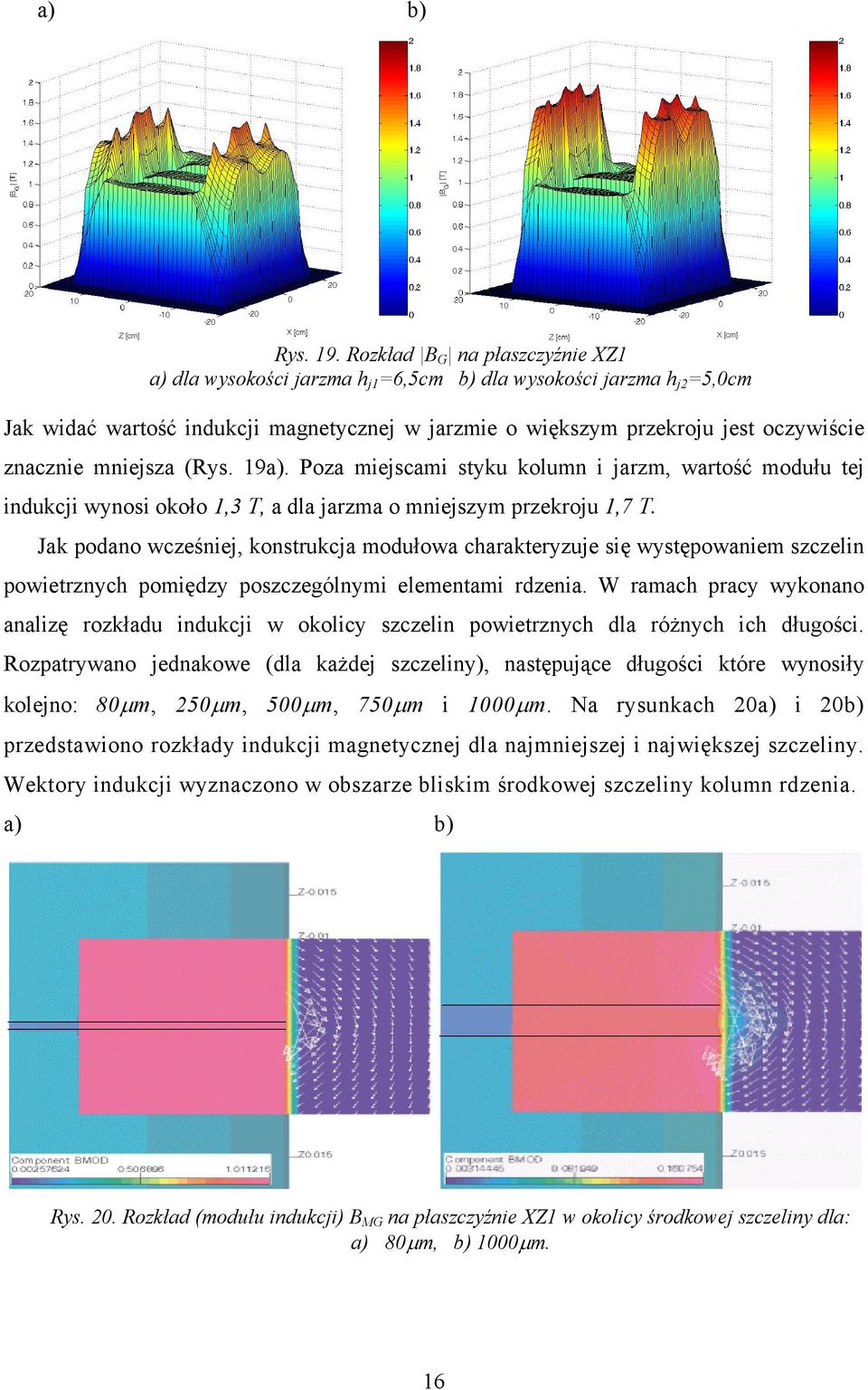 mniejsza (Rys. 19a). Poza miejscami styku kolumn i jarzm, wartość modułu tej indukcji wynosi około 1,3 T, a dla jarzma o mniejszym przekroju 1,7 T.