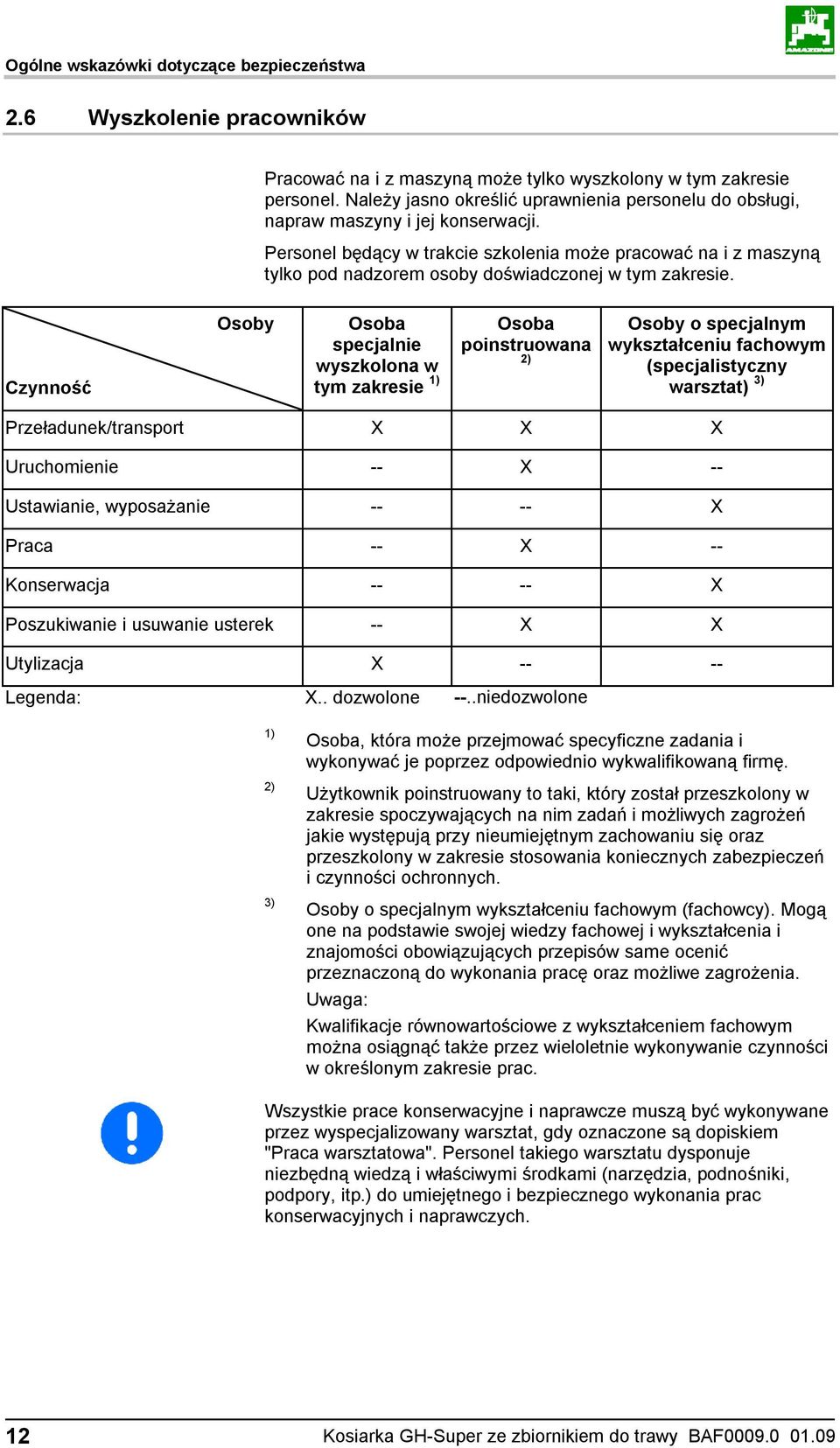 Personel będący w trakcie szkolenia może pracować na i z maszyną tylko pod nadzorem osoby doświadczonej w tym zakresie.