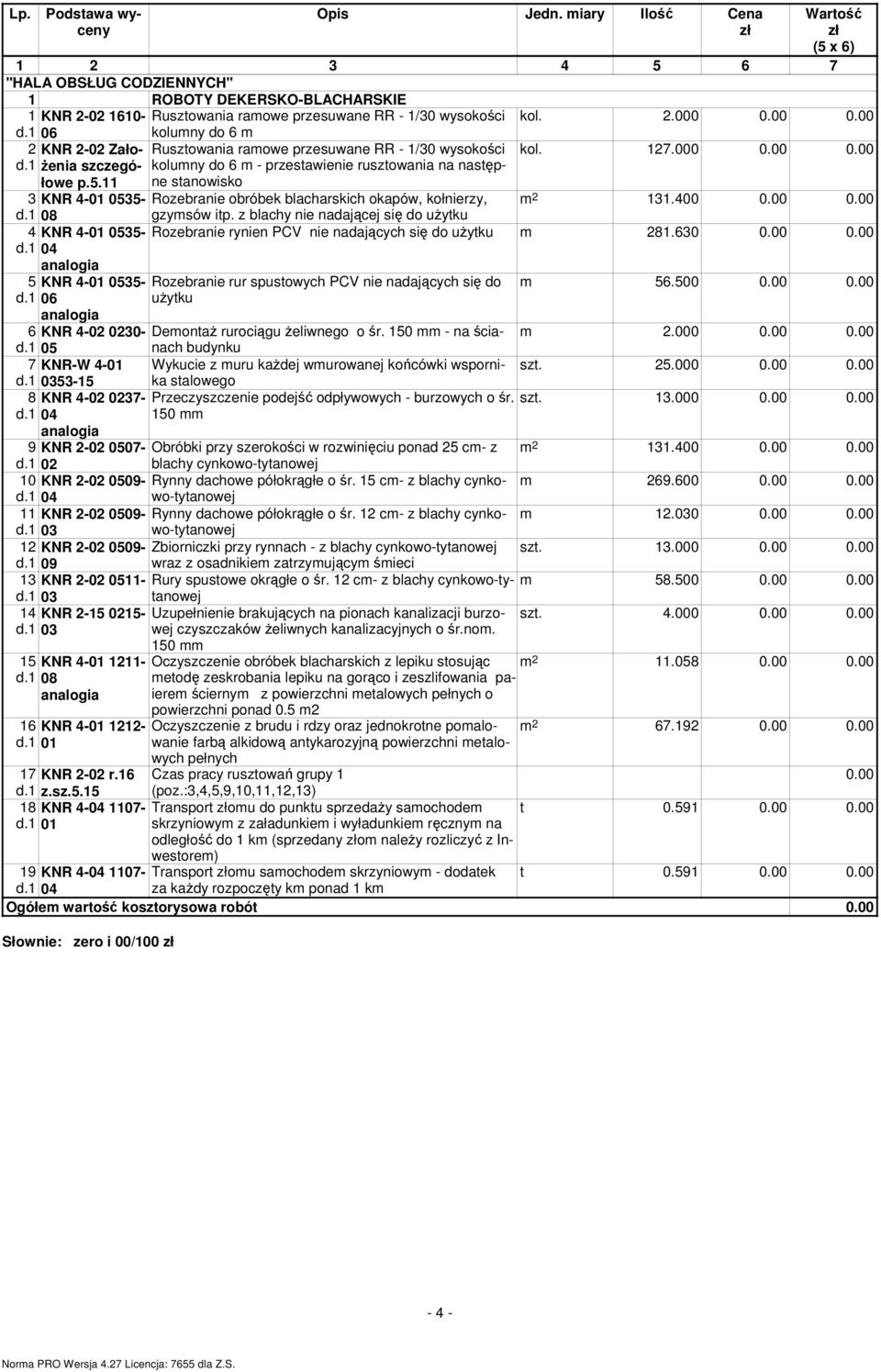 1 06 2 d.1 KNR 2-02 Założenia szczegółowe p.5.11 koluny do 6 Rusztowania raowe przesuwane RR - 1/30 wysokości koluny do 6 - przestawienie rusztowania na następne stanowisko kol. 127.000 0.