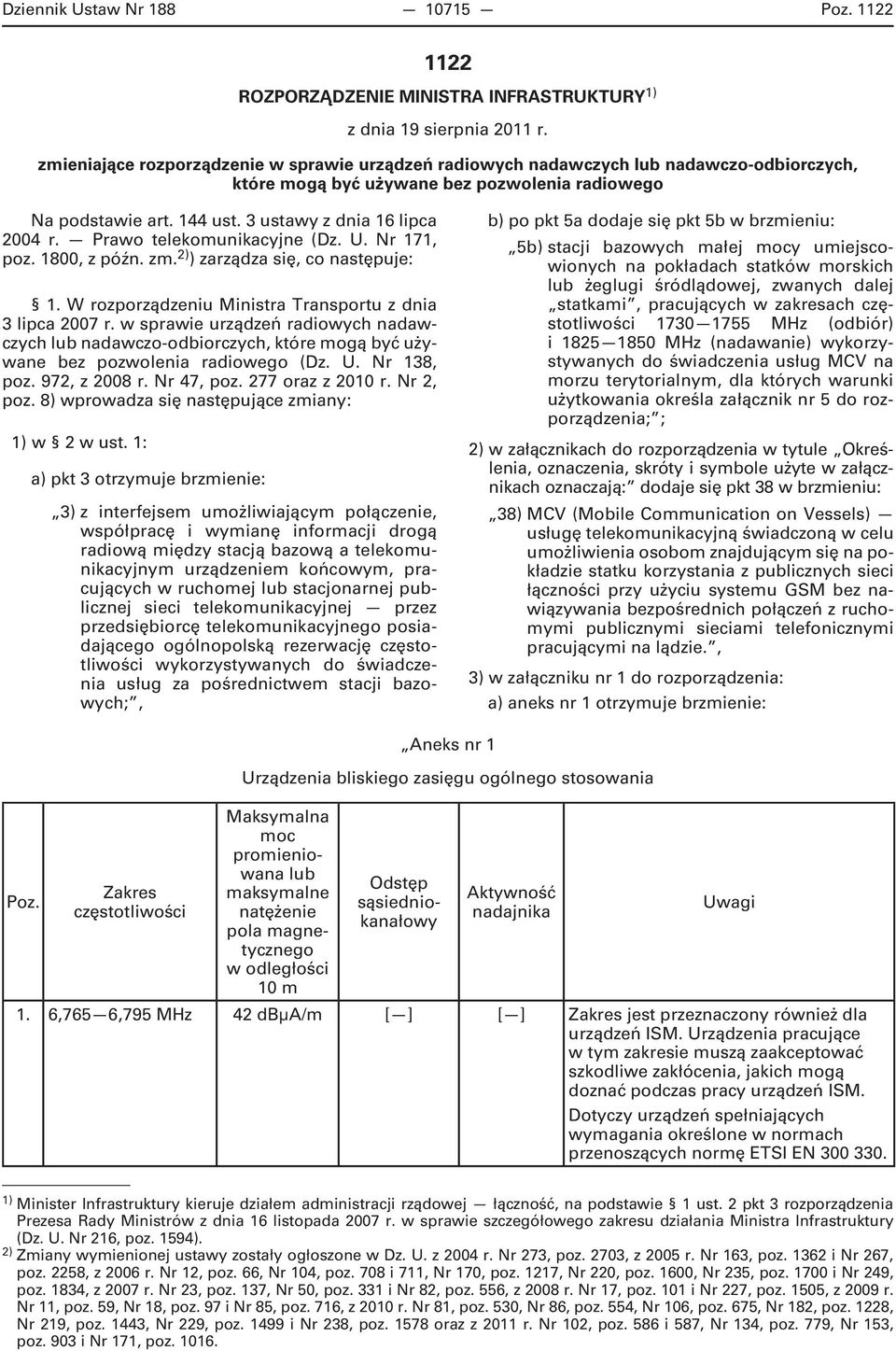 Prawo telekomunikacyjne (Dz. U. Nr 171, poz. 1800, z późn. zm. 2) ) zarządza się, co następuje: 1. W rozporządzeniu Ministra Transportu z dnia 3 lipca 2007 r.