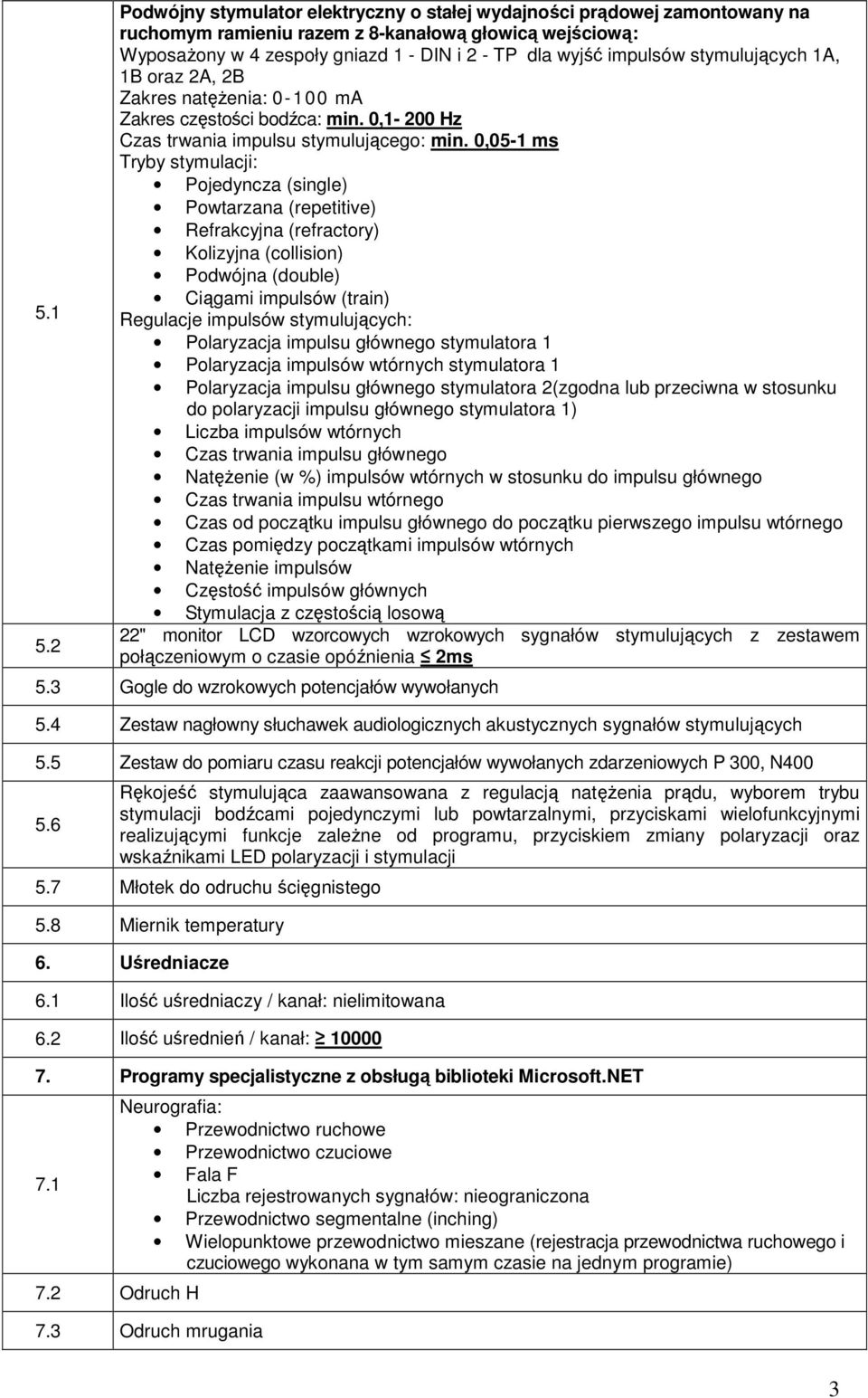 stymulujących 1A, 1B oraz 2A, 2B Zakres natęŝenia: 0-100 ma Zakres częstości bodźca: min. 0,1-200 Hz Czas trwania impulsu stymulującego: min.
