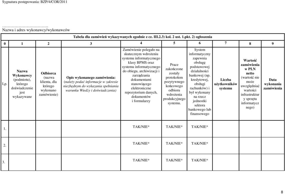 informacje w zakresie niezbędnym do wykazania spełniania warunku Wiedzy i doświadczenia) Zamówienie polegało na skutecznym wdroŝeniu systemu informatycznego klasy BPMS oraz systemu informatycznego do