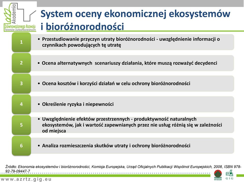 Uwzględnienie efektów przestrzennych - produktywnośd naturalnych ekosystemów, jak i wartośd zapewnianych przez nie usług różnią się w zależności od miejsca Analiza rozmieszczenia
