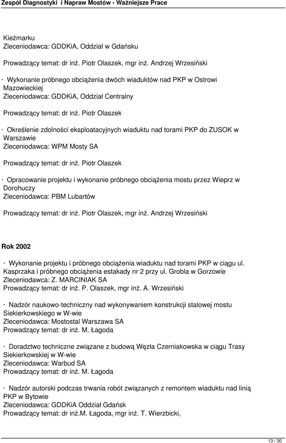 do ZUSOK w Warszawie Zleceniodawca: WPM Mosty SA Opracowanie projektu i wykonanie próbnego obciążenia mostu przez Wieprz w Dorohuczy Zleceniodawca: PBM Lubartów, mgr inż.