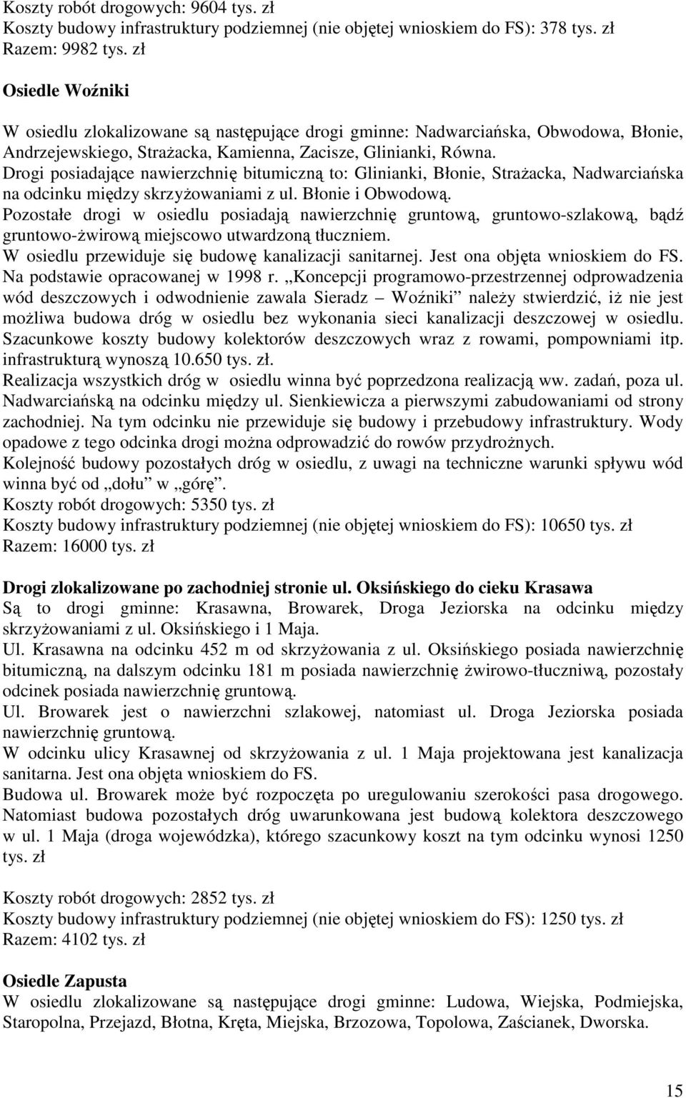 Drogi posiadające nawierzchnię bitumiczną to: Glinianki, Błonie, StraŜacka, Nadwarciańska na odcinku między skrzyŝowaniami z ul. Błonie i Obwodową.