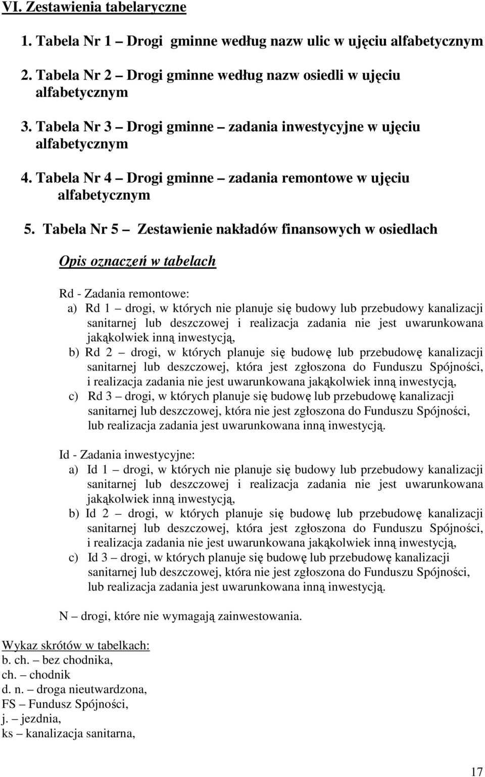 Tabela Nr 5 Zestawienie nakładów finansowych w osiedlach Opis oznaczeń w tabelach Rd - Zadania remontowe: a) Rd 1 drogi, w których nie planuje się budowy lub przebudowy kanalizacji sanitarnej lub