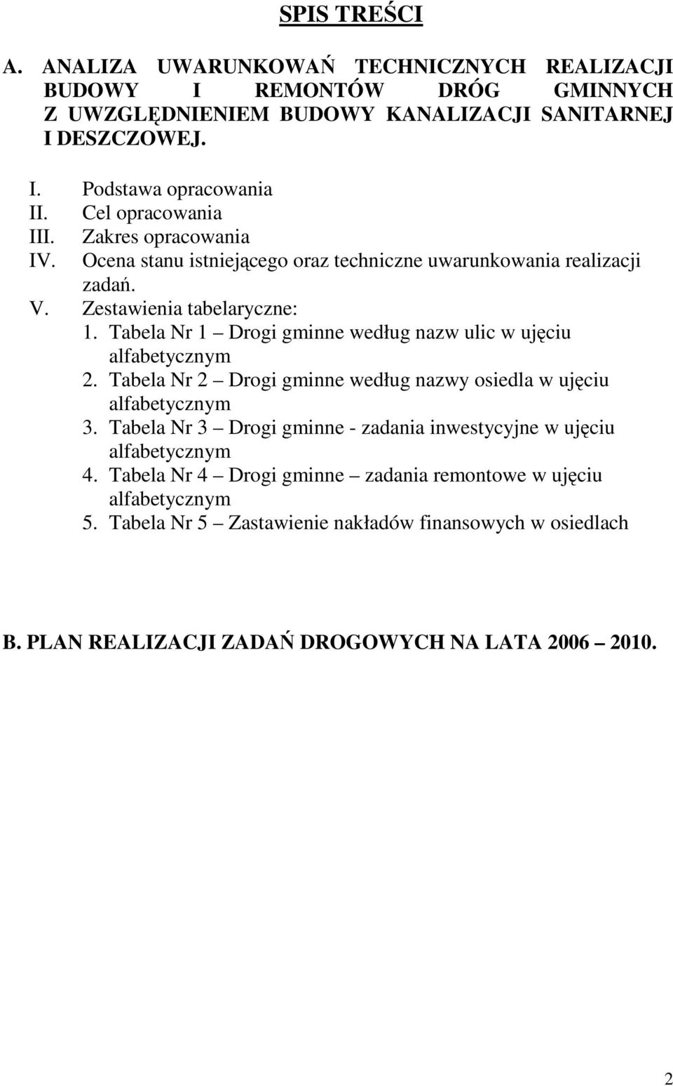 Tabela Nr 1 Drogi gminne według nazw ulic w ujęciu alfabetycznym 2. Tabela Nr 2 Drogi gminne według nazwy osiedla w ujęciu alfabetycznym 3.
