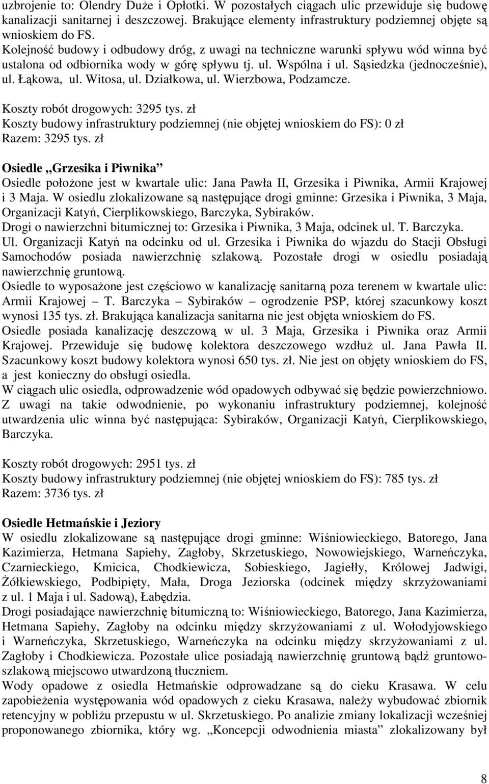 Witosa, ul. Działkowa, ul. Wierzbowa, Podzamcze. Koszty robót drogowych: 3295 tys. zł Koszty budowy infrastruktury podziemnej (nie objętej wnioskiem do FS): 0 zł Razem: 3295 tys.