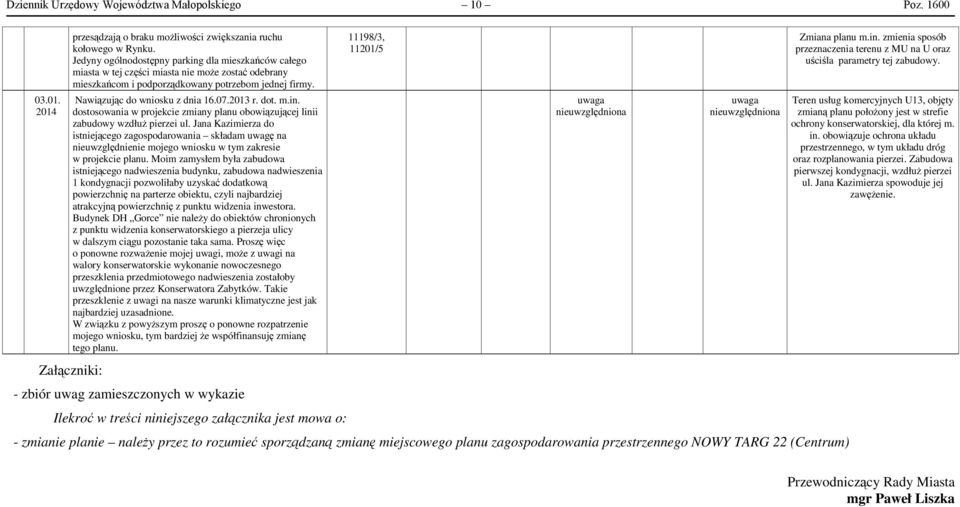 2013 r. dot. m.in. dostosowania w projekcie zmiany planu obowiązującej linii zabudowy wzdłuż pierzei ul.