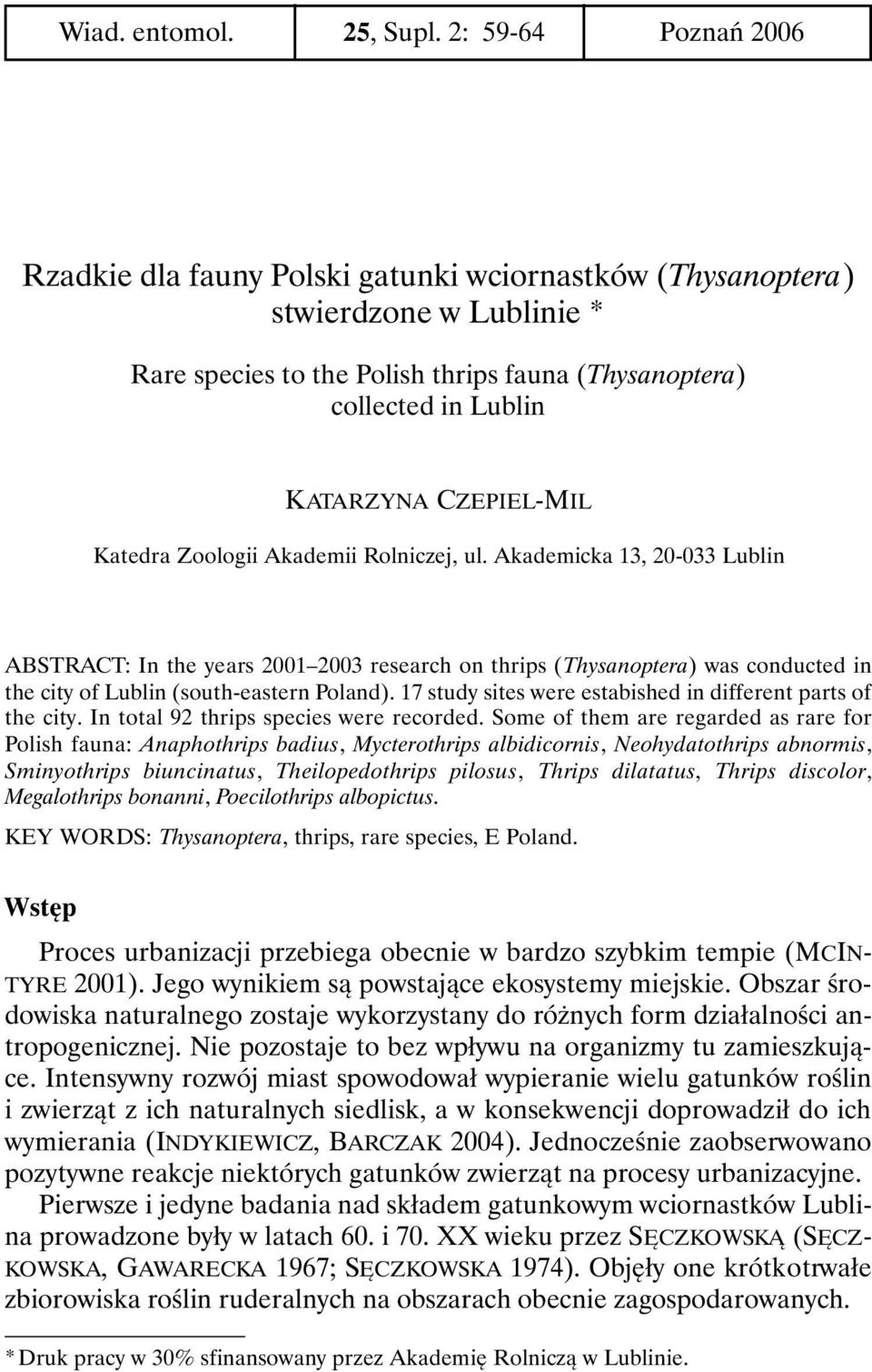CZEPIEL-MIL Katedra Zoologii Akademii Rolniczej, ul.