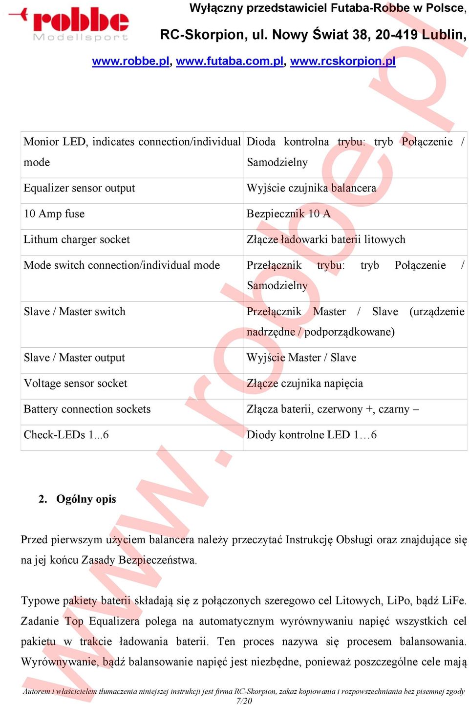 Przełącznik Master / Slave (urządzenie nadrzędne / podporządkowane) Wyjście Master / Slave Złącze czujnika napięcia Battery connection sockets Złącza baterii, czerwony +, czarny Check-LEDs 1.