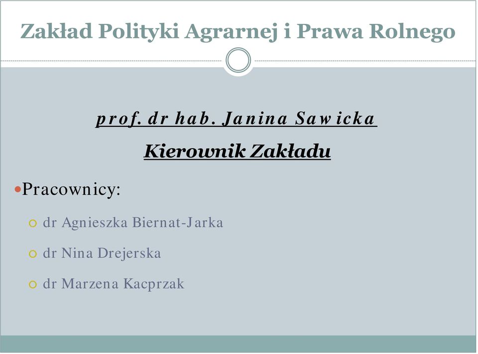 Janina Sawicka Kierownik Zakładu