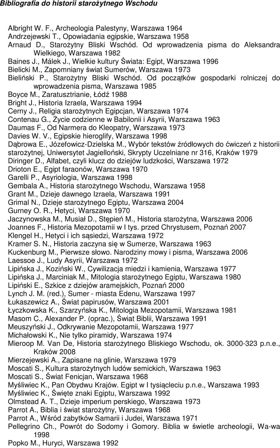 , Starożytny Bliski Wschód. Od początków gospodarki rolniczej do wprowadzenia pisma, Warszawa 1985 Boyce M., Zaratusztrianie, Łódź 1988 Bright J., Historia Izraela, Warszawa 1994 Cerny J.