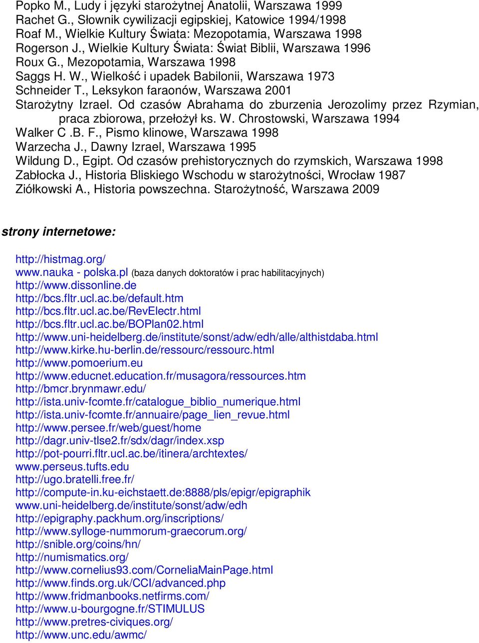 , Leksykon faraonów, Warszawa 2001 Starożytny Izrael. Od czasów Abrahama do zburzenia Jerozolimy przez Rzymian, praca zbiorowa, przełożył ks. W. Chrostowski, Warszawa 1994 Walker C.B. F.