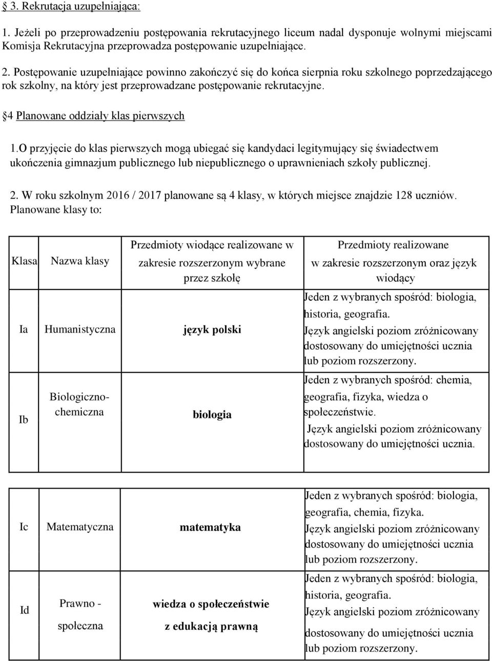 4 Planowane oddziały klas pierwszych 1.