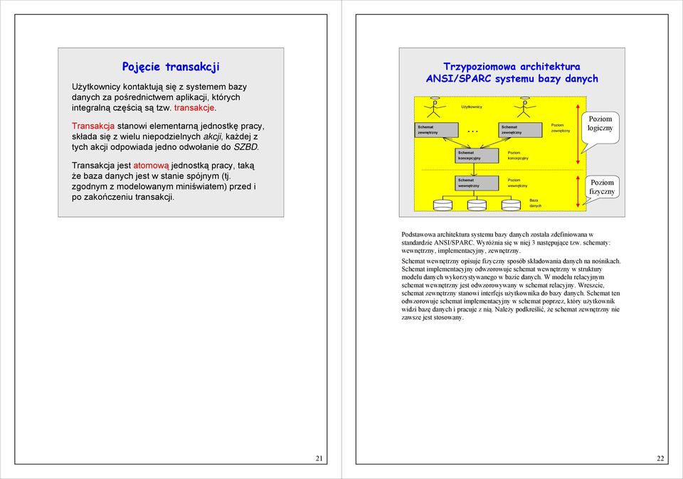 Transakcja jest atomową jednostką pracy, taką że baza danych jest w stanie spójnym (tj. zgodnym z modelowanym miniświatem) przed i po zakończeniu transakcji.