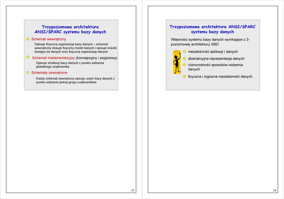 zewnętrzne Każdy schemat zewnętrzny opisuje część bazy danych z punktu widzenia jednej grupy użytkowników Trzypoziomowa architektura ANSI/SPARC systemu bazy danych Własności systemu bazy