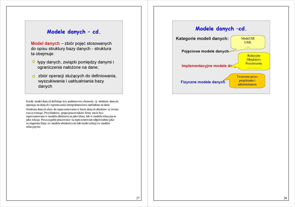 .. zbiór operacji służących do definiowania, wyszukiwania i uaktualniania bazy danych Fizyczne modele danych Tworzone przez projektanta i administratora Każdy model danych definiuje trzy podstawowe