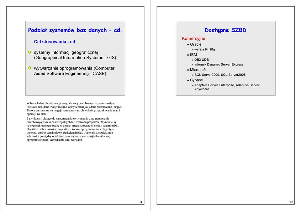 SZBD Informix Dynamic Server Express Microsoft SQL Server2000, SQL Server2005 Sybase Adaptive Server Enterprise, Adaptive Server Anywhere W bazach danych informacji geograficznej przechowuje się