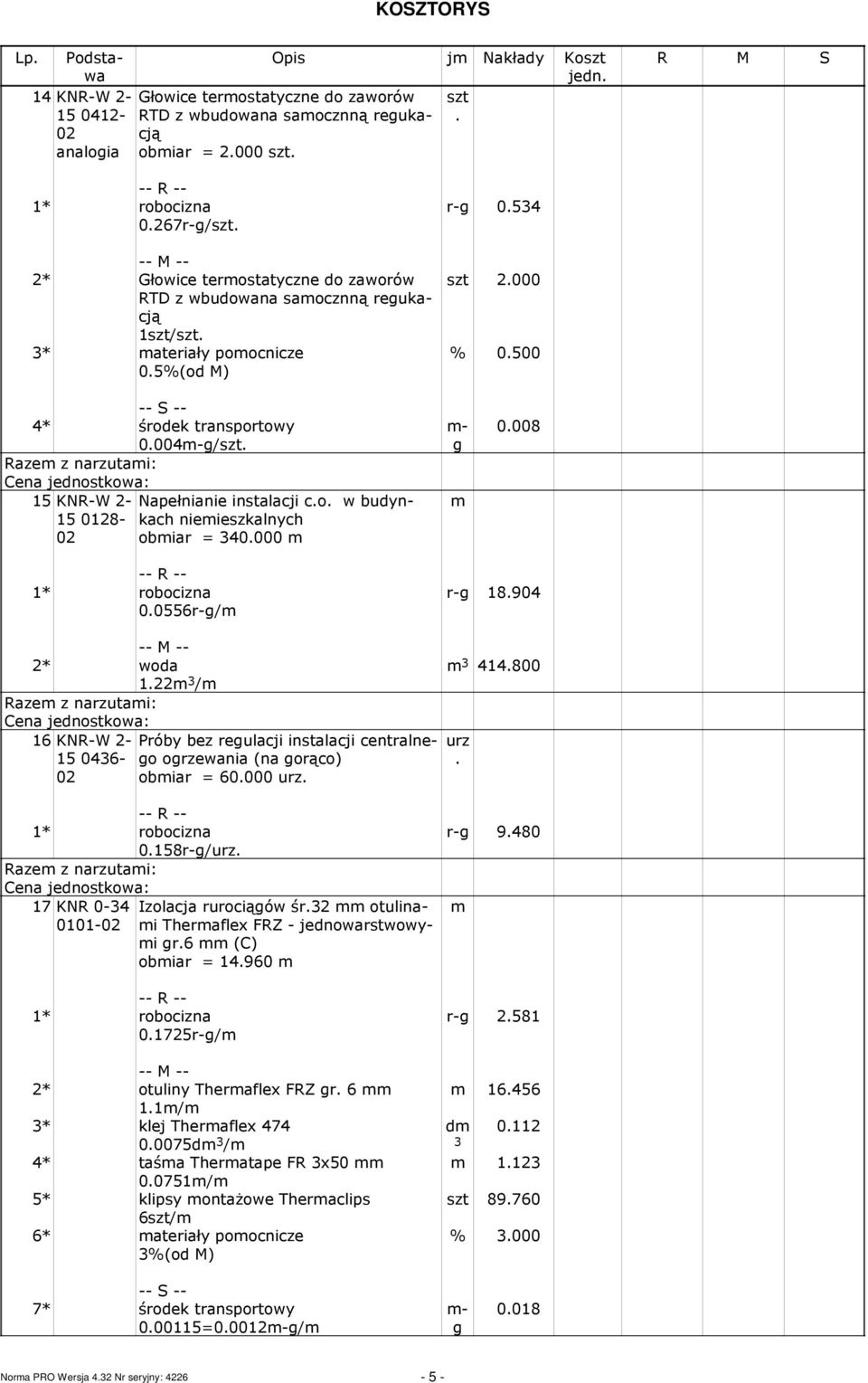 340000-0008 00556r-/ 2* woda 122 3 / 16 KNR-W 2-15 0436-58r-/urz 17 KNR 0-34 - 725r-/ Próby bez reulacji instalacji centralneo orzewania (na orąco) obiar = 60000 urz Izolacja rurociąów śr32 otulinai