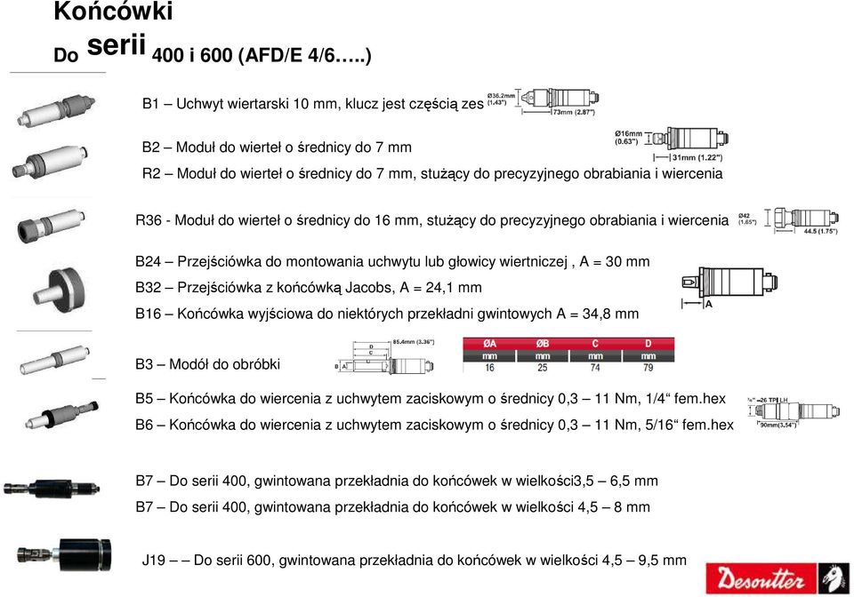 wierteł o średnicy do 16 mm, stuŝący do precyzyjnego obrabiania i wiercenia B24 Przejściówka do montowania uchwytu lub głowicy wiertniczej, A = 30 mm B32 Przejściówka z końcówką Jacobs, A = 24,1 mm