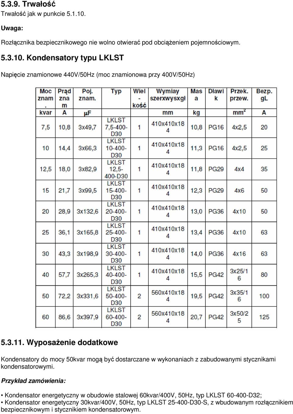 Przykład zamówienia: Kondensator energetyczny w obudowie stalowej 60kvar/400V, 50Hz, typ LKLST 60-400-D32; Kondensator energetyczny 30kvar/400V, 50Hz,