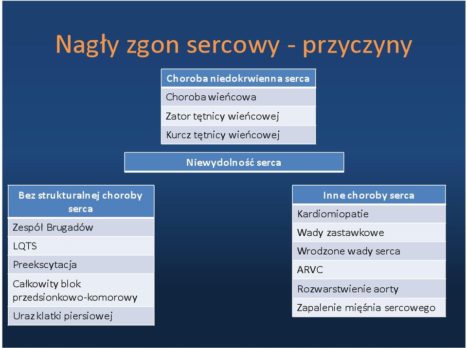 Brugadów LQTS Preekscytacja Całkowity blok przedsionkowo-komorowy Uraz klatki piersiowej Inne