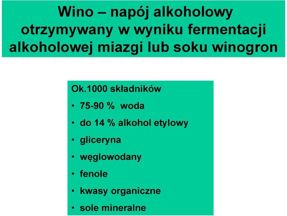 1000 składników 75-90 % woda do 14 % alkohol