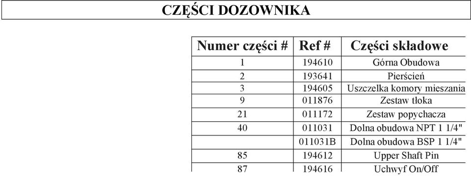 Zestaw tłoka 21 011172 Zestaw popychacza 40 011031 Dolna obudowa NPT 1