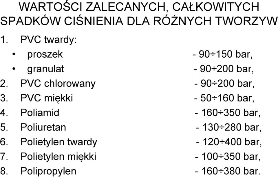 PVC chlorowany - 90 200 bar, 3. PVC miękki - 50 160 bar, 4. Poliamid - 160 350 bar, 5.