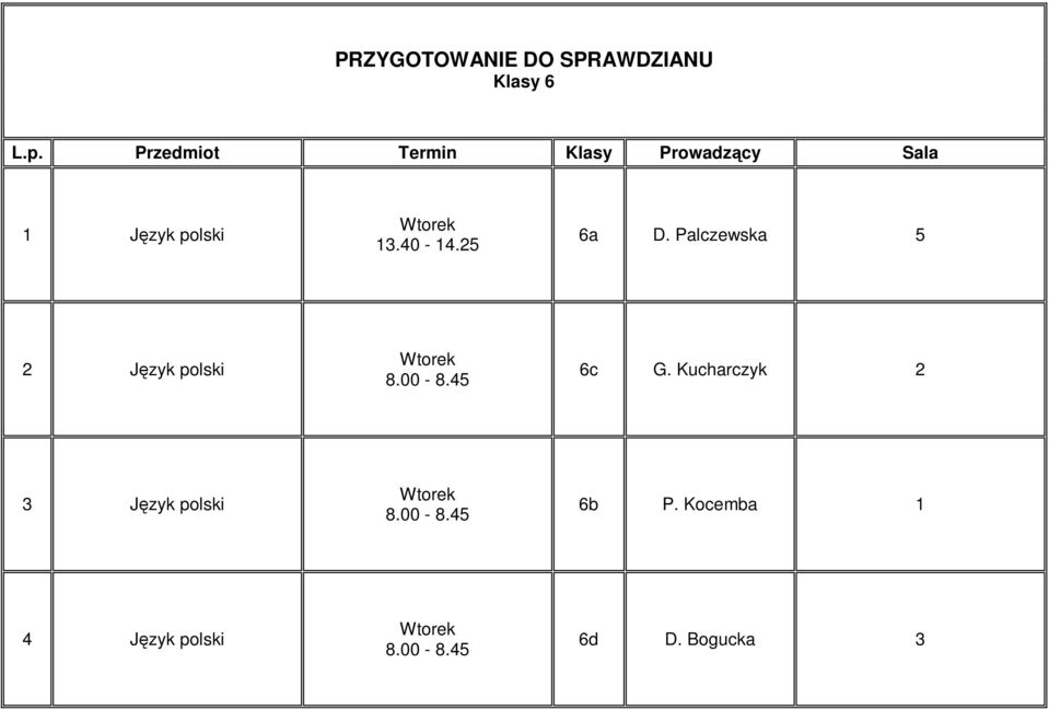 Palczewska 5 2 Język polski 8.00-8.45 6c G.