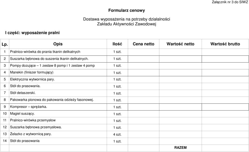 4 Manekin (finiszer formujący) 1 szt. 5 Elektryczna wytwornica pary. 1 szt. 6 Stół do prasowania. 1 szt. 7 Stół detaszerski. 1 szt. 8 Pakowarka pionowa do pakowania odzieży fasonowej. 1 szt. 9 Kompresor sprężarka.