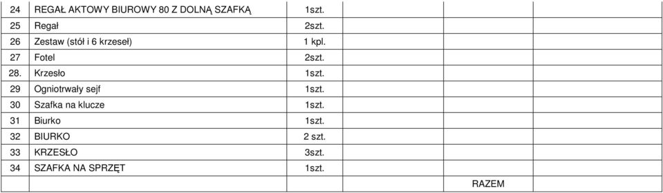 Krzesło 1szt. 29 Ogniotrwały sejf 1szt. 30 Szafka na klucze 1szt.