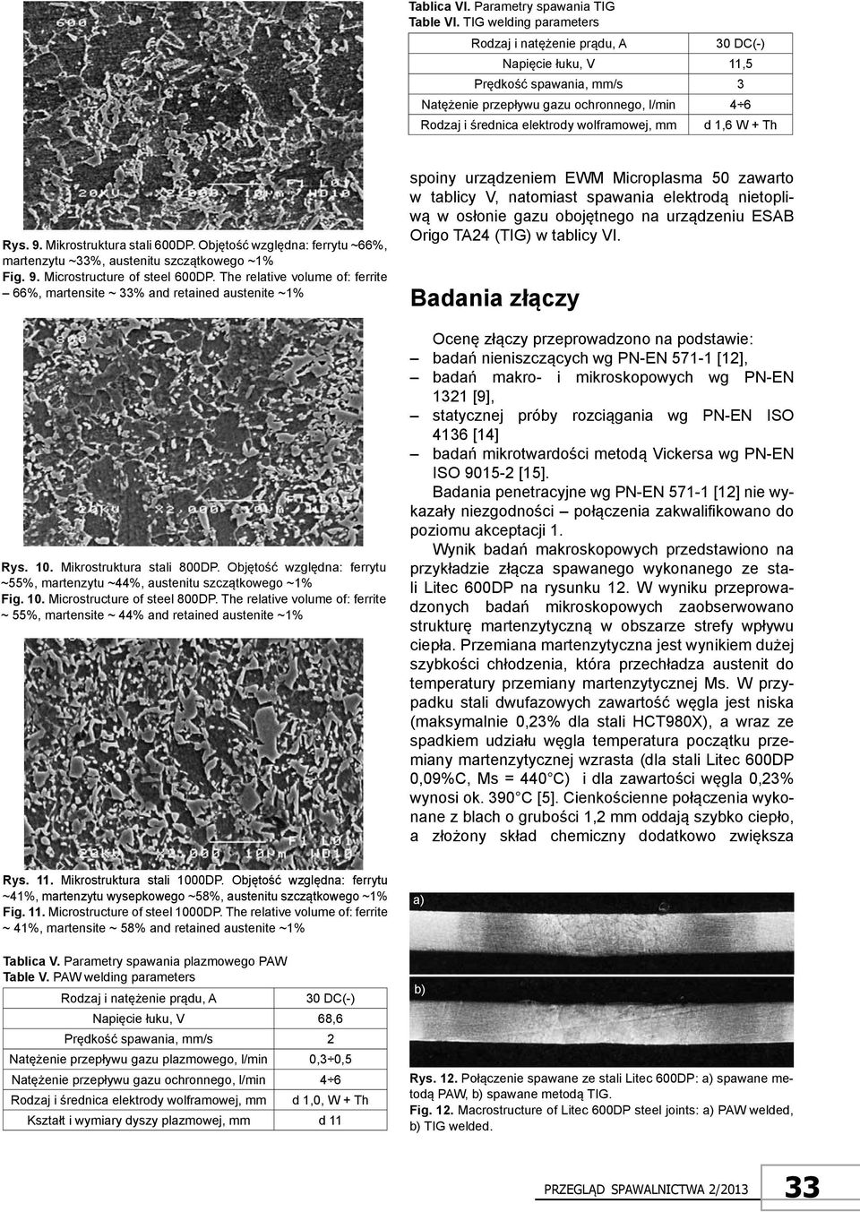 d 1,6 W + Th Rys. 9. Mikrostruktura stali 600DP. Objętość względna: ferrytu ~66%, martenzytu ~33%, austenitu szczątkowego ~1% Fig. 9. Microstructure of steel 600DP.